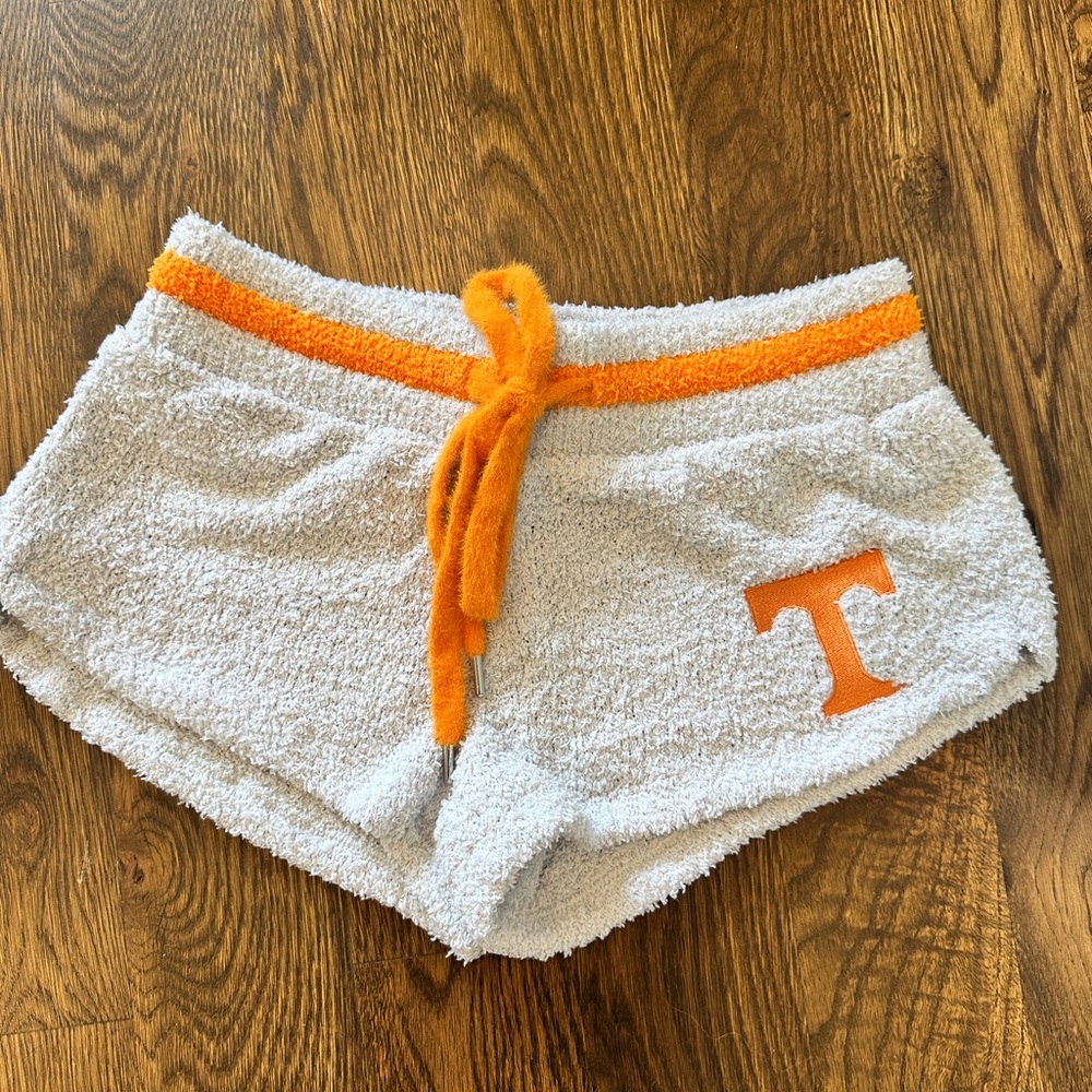 White Terry Athletic Shorts with Orange Trim and Drawstring
